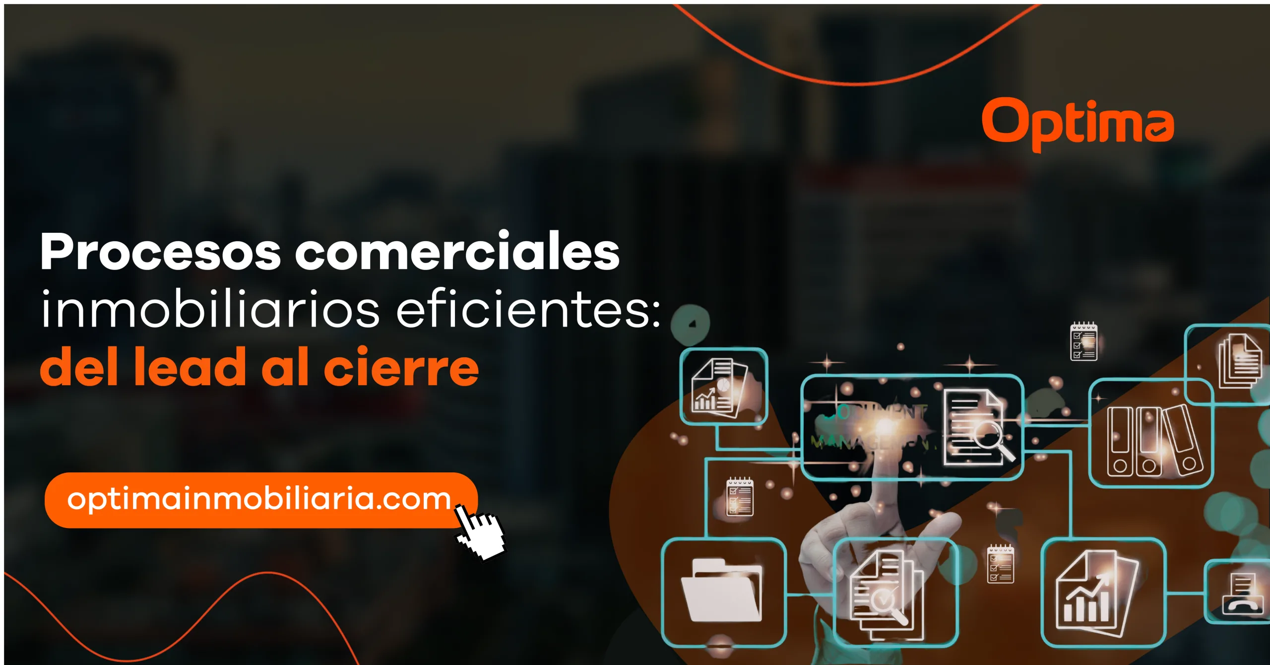 Ilustración de procesos comerciales inmobiliarios digitales con íconos de documentos, reportes y gestión conectados en flujo del lead al cierre.