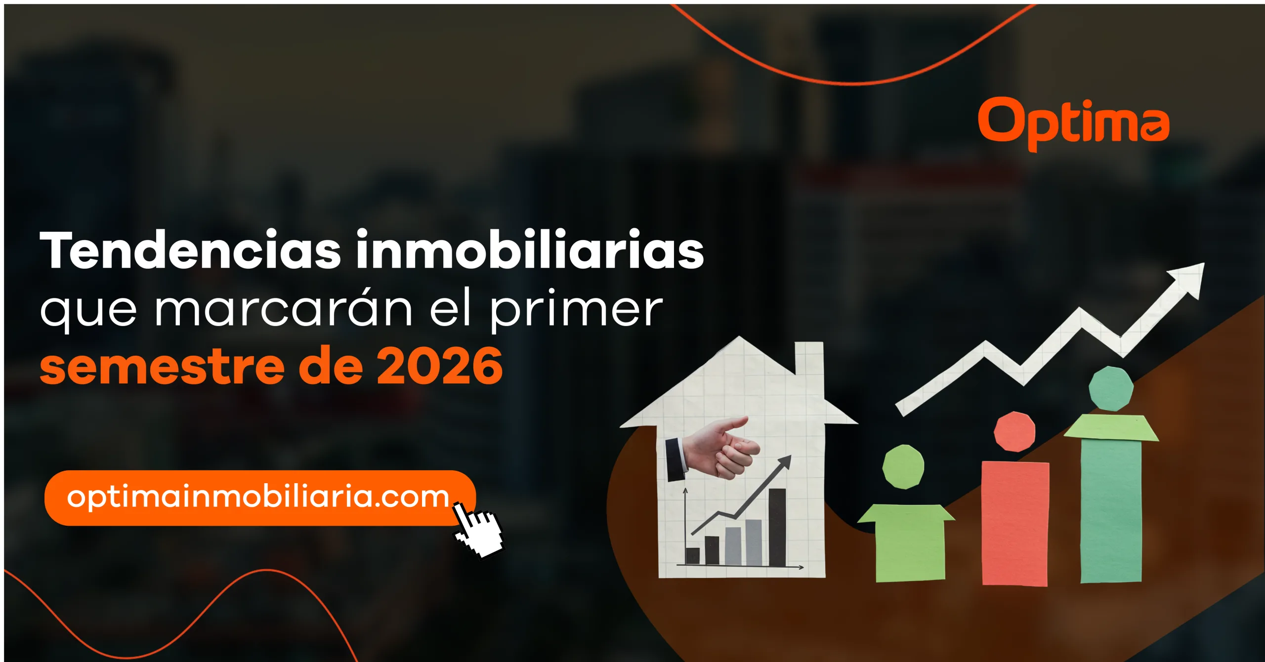 Gráfico de crecimiento inmobiliario con casa, flecha ascendente y figuras representando el mercado en 2026.