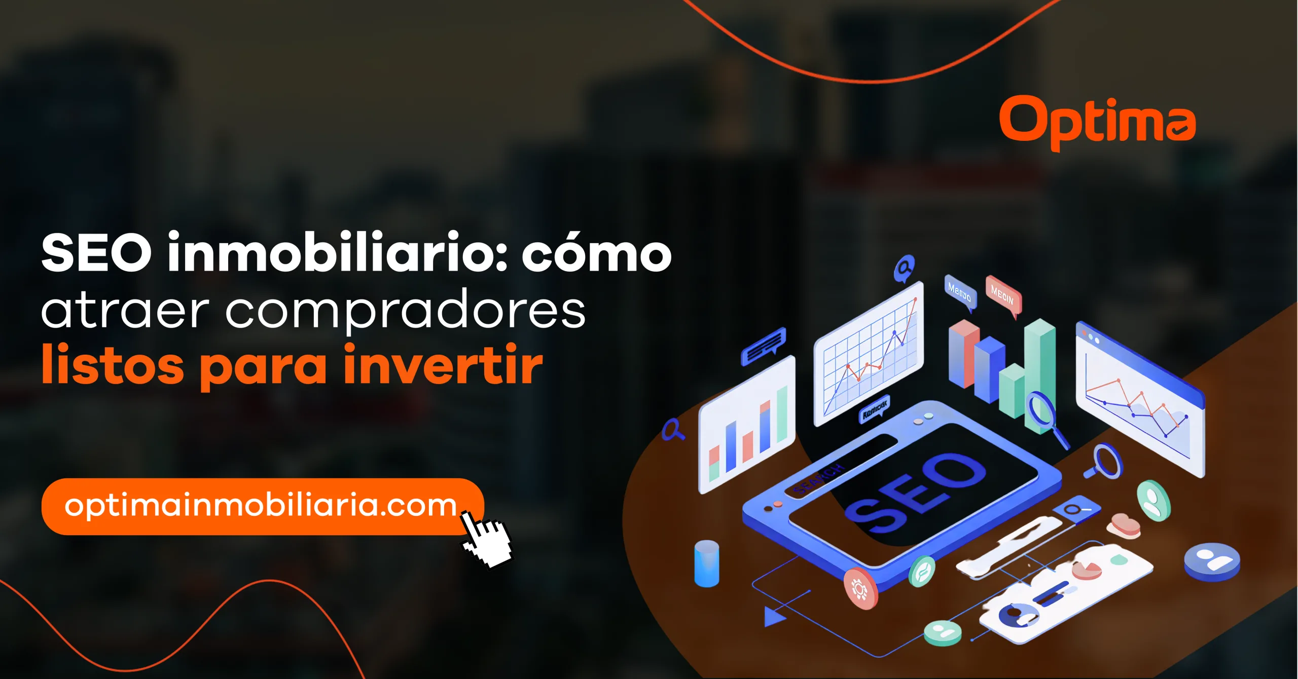 Ilustración de estrategia SEO inmobiliaria con gráficos de análisis y posicionamiento web para atraer compradores.