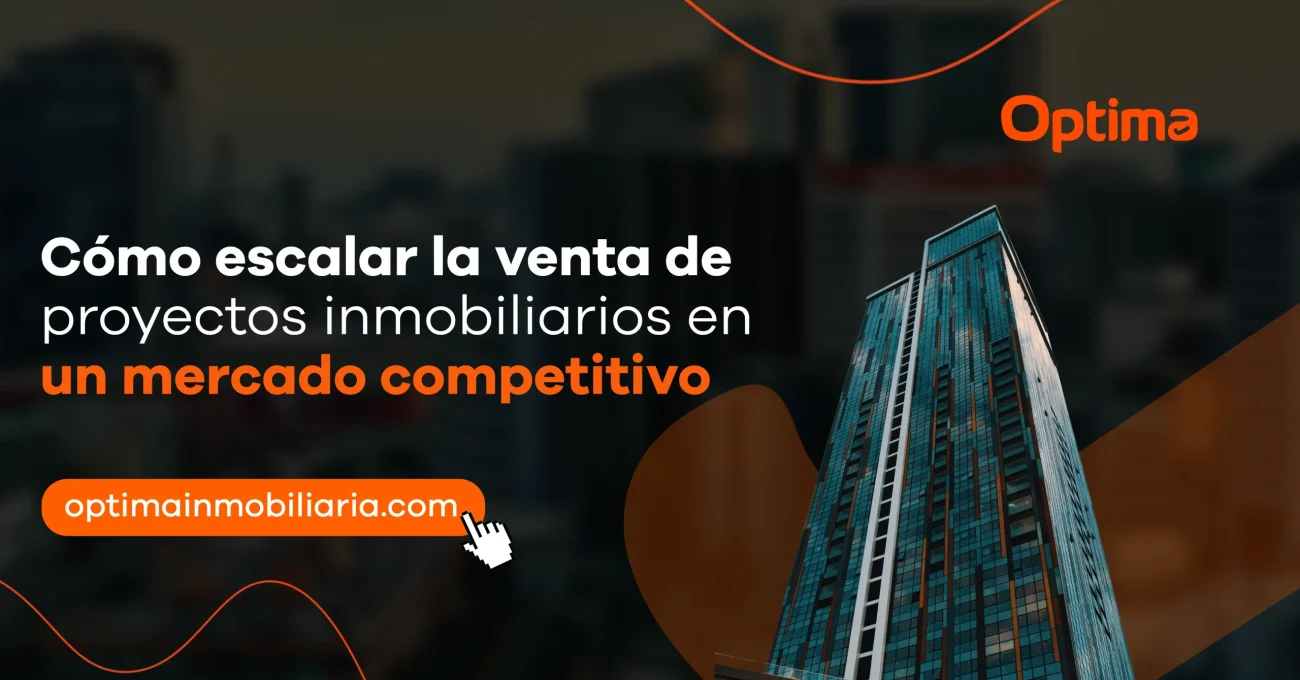 Edificio residencial alto en una ciudad con gráfico de portada sobre venta de proyectos inmobiliarios en mercado competitivo.