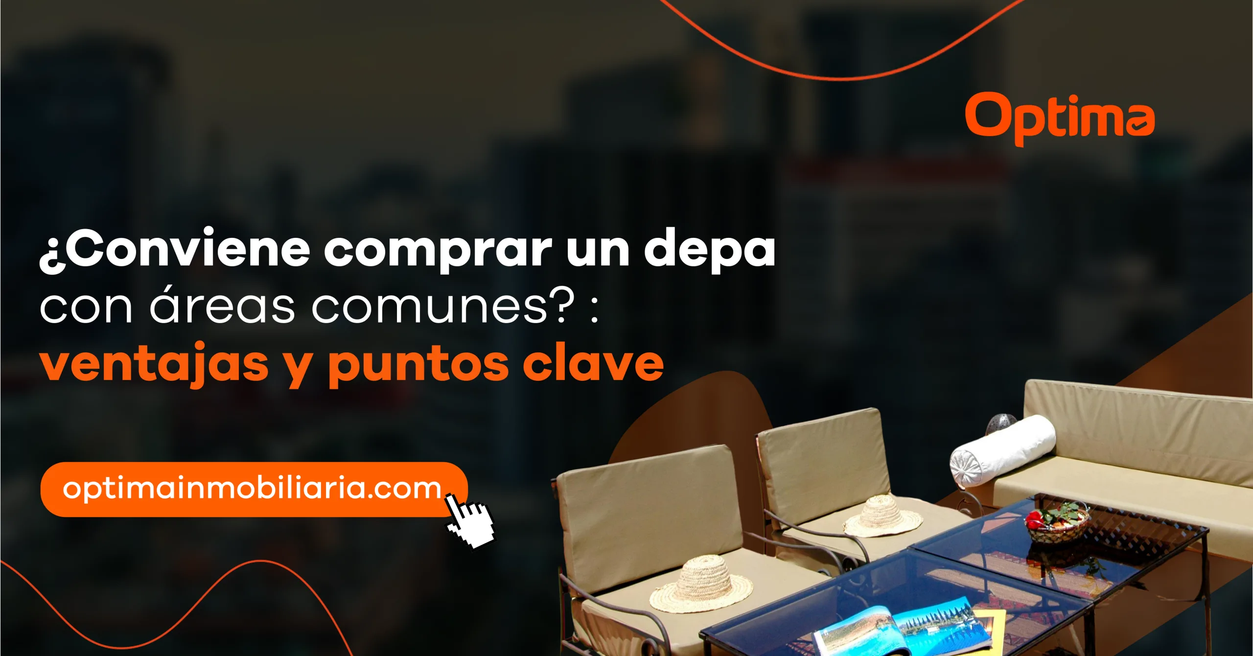 Área común de edificio con sillones, mesa y ambiente de descanso al aire libre