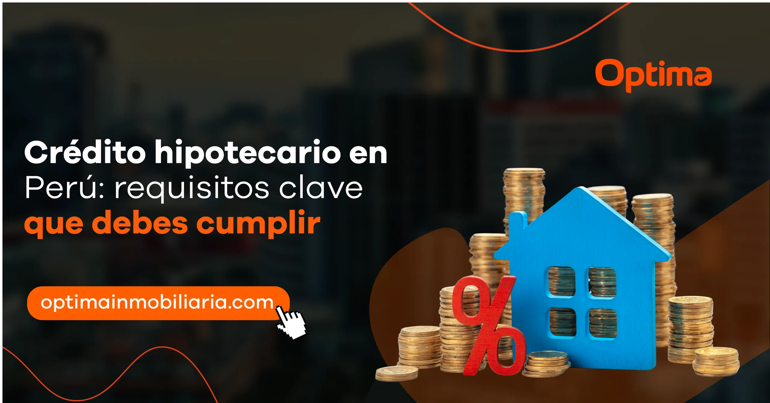 Casa azul con símbolo de porcentaje y monedas representando crédito hipotecario en Perú