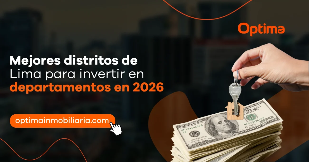 Mano sosteniendo una llave sobre un fajo de billetes, con fondo urbano desenfocado y texto sobre inversión en departamentos en Lima 2026.