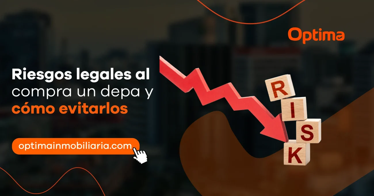 Imagen sobre riesgos legales al comprar un departamento, con una flecha descendente roja y bloques con la palabra “RISK”.