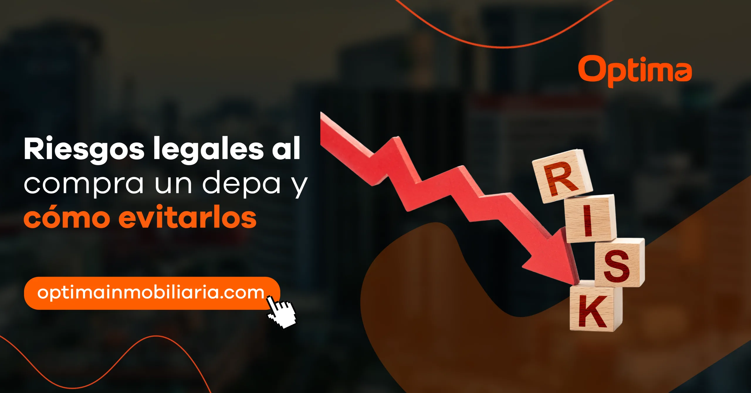 Imagen sobre riesgos legales al comprar un departamento, con una flecha descendente roja y bloques con la palabra “RISK”.