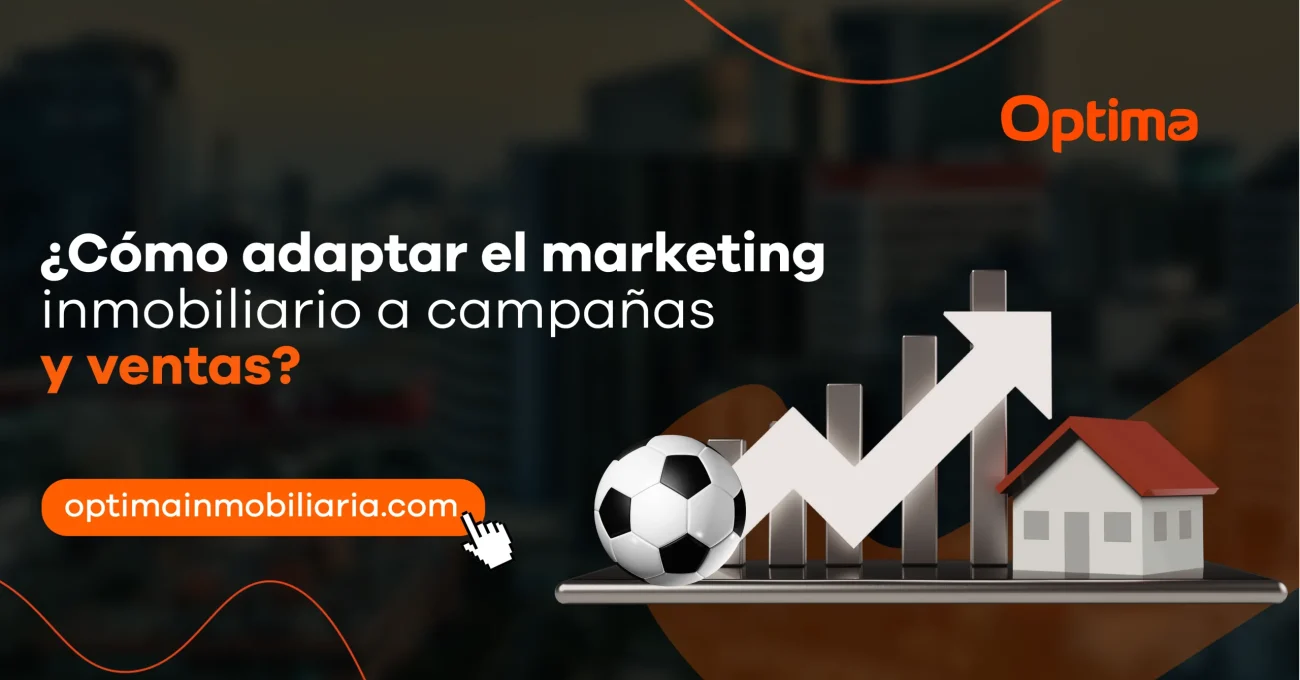 Gráfico de crecimiento junto a una vivienda y un balón de fútbol, representando la adaptación del marketing inmobiliario a campañas comerciales y estrategias de ventas.