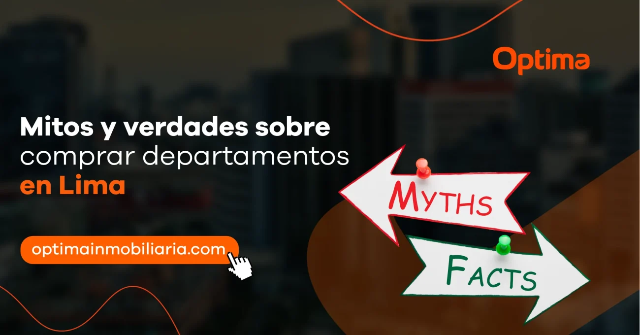 Señales con las palabras "Myths" y "Facts" representando los mitos y verdades sobre comprar departamentos en Lima y la toma de decisiones informadas en el mercado inmobiliario.