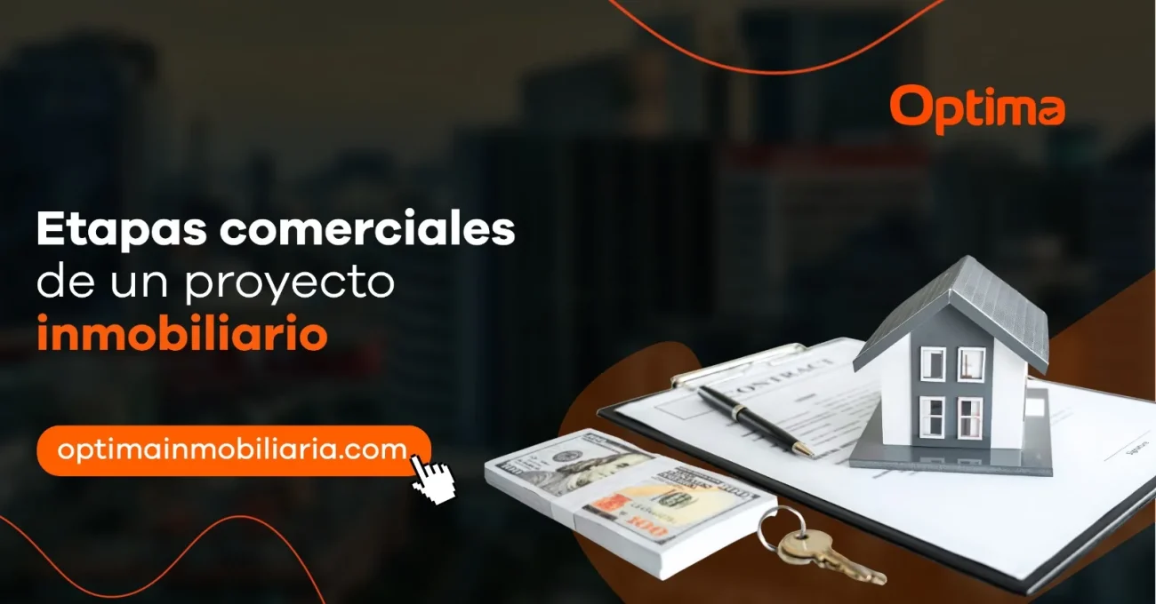 Maqueta de vivienda sobre documentos de compra y venta que representa las etapas comerciales de un proyecto inmobiliario, desde el lanzamiento hasta el cierre de ventas.